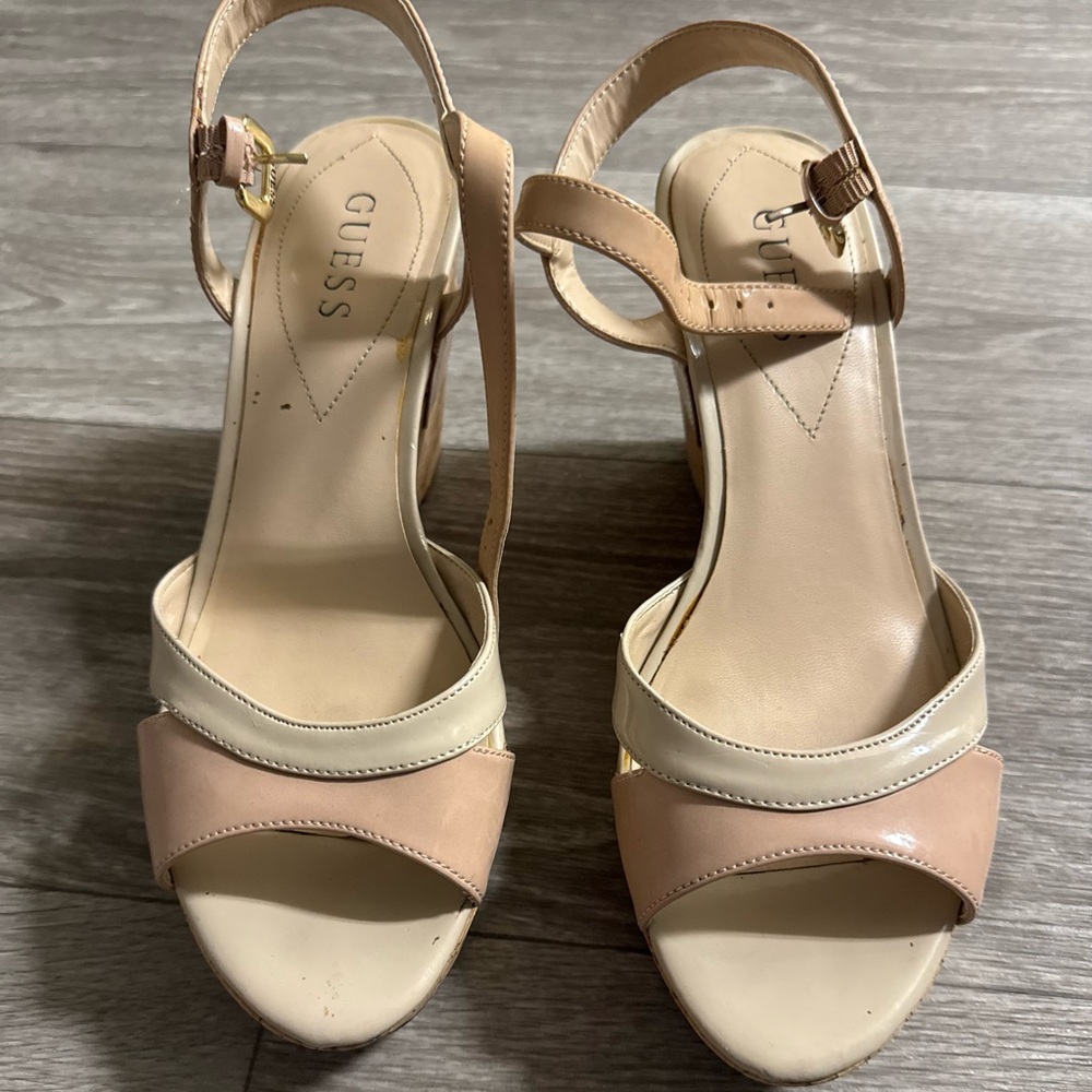 GUESS Women's open toe nude wedge sandals